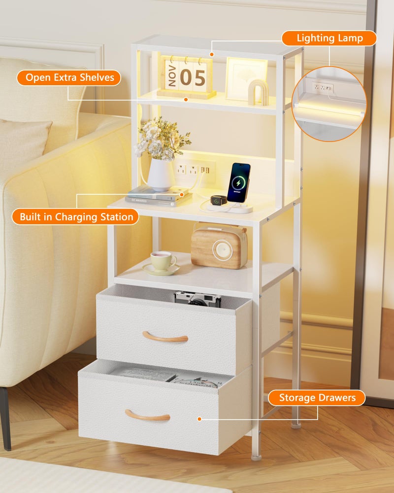 Furnulem Night Stand, Tall White Nightstand with 4-Tier Shelves, 2 PU Fabric Drawers and Light Tube, Bed Side Tables with Charging Station, Bedside Table for Bedroom - Image 3