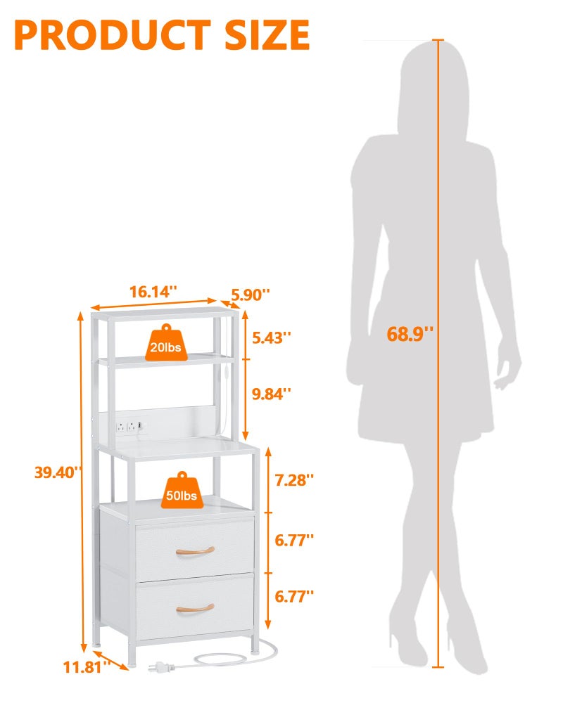 Furnulem Night Stand, Tall White Nightstand with 4-Tier Shelves, 2 PU Fabric Drawers and Light Tube, Bed Side Tables with Charging Station, Bedside Table for Bedroom - Image 2