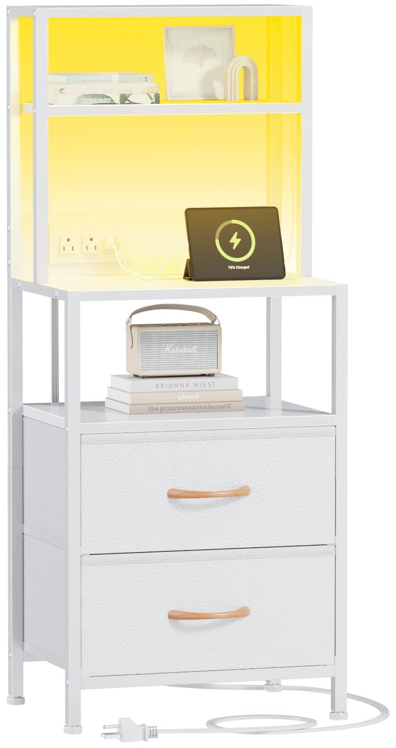 Furnulem Night Stand, Tall White Nightstand with 4-Tier Shelves, 2 PU Fabric Drawers and Light Tube, Bed Side Tables with Charging Station, Bedside Table for Bedroom - Image 1