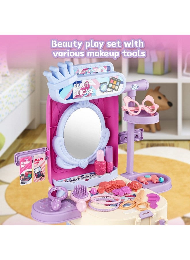 deAO 2 In 1 Makeup Table For Toddler Girls Vanity & Suitcase Set With Fashion Accessories Pretend Play Travel Suitcase Fashion Beauty Set For Girls  - Image 4