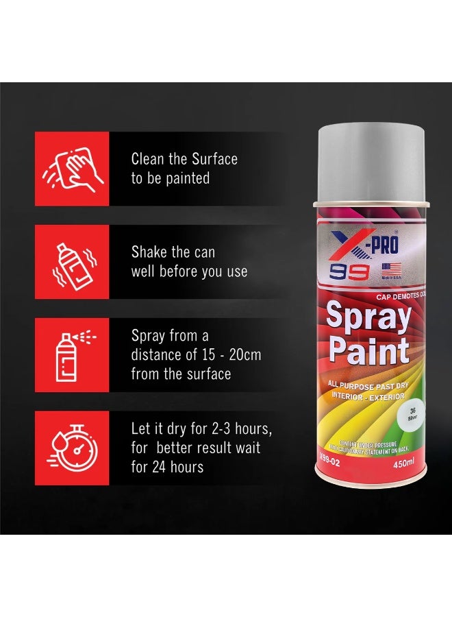Xpro X-PRO 99 Silver Spray Paint 450ml – Quick Dry, High Gloss, All-Purpose Interior & Exterior Use for Wood, Metal, Canvas, Automotive Touch-Up & DIY Projects X99-02 - Image 4