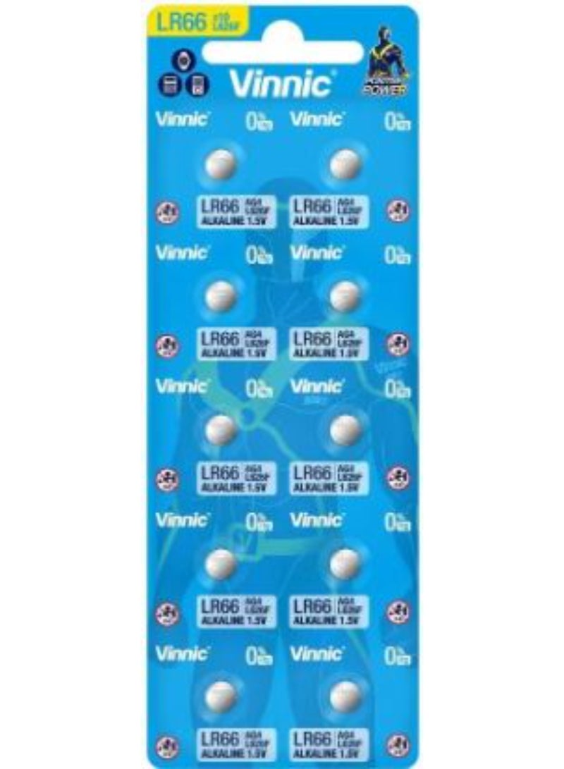 10 بطاريات قلوية Vinnic AG4 (L626F) (LR66) بجهد 1.5 فولت وخالية من الزئبق (0% Hg)