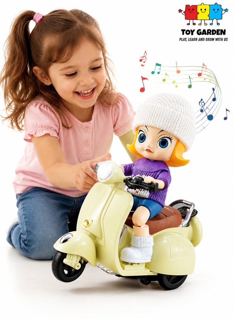 TOY GARDEN Musical Scooter Doll Toy, Musical Scooter Doll Toy with Flashing Lights and Sound | Interactive Moving Vehicle for Kids | Cute Girl on Vintage Motorbike Toy for Toddlers - Image 1