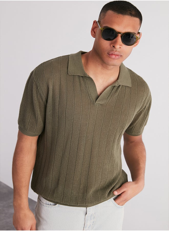 trendyol Limited Edition Khaki Relaxed Cotton Short Sleeve Polo Neck Knit T-shirt TMNSS23PO00024  - Image 1