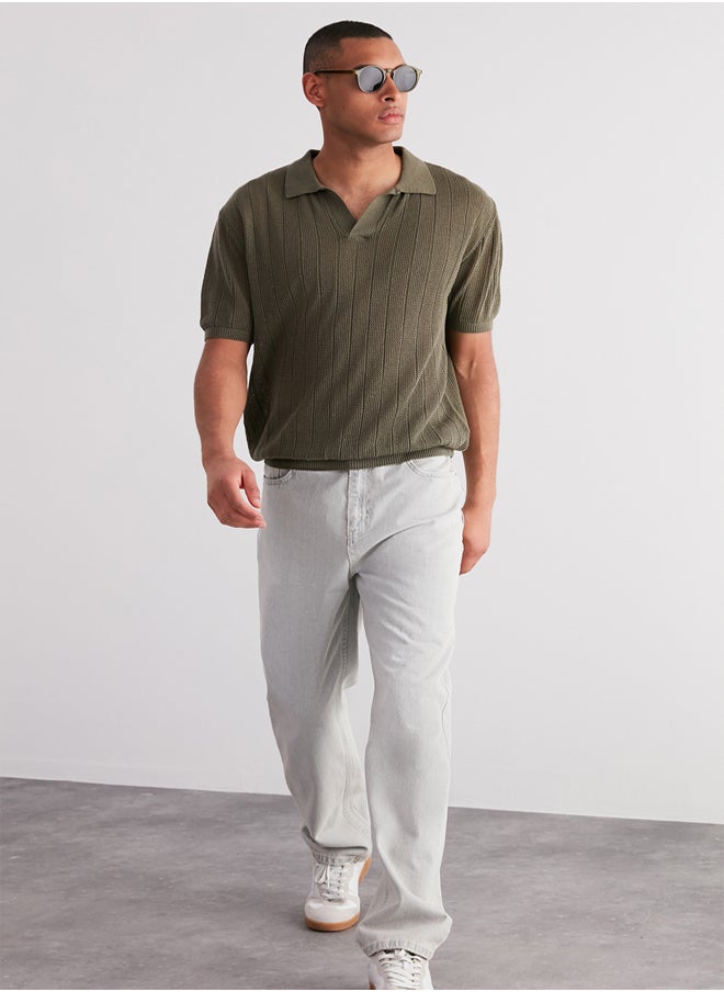 trendyol Limited Edition Khaki Relaxed Cotton Short Sleeve Polo Neck Knit T-shirt TMNSS23PO00024  - Image 2