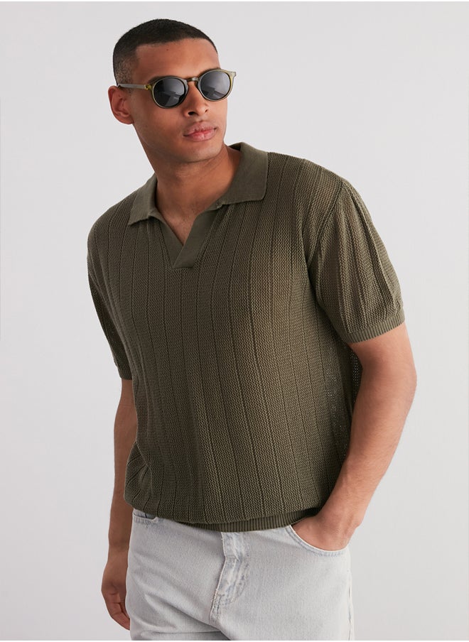trendyol Limited Edition Khaki Relaxed Cotton Short Sleeve Polo Neck Knit T-shirt TMNSS23PO00024  - Image 3