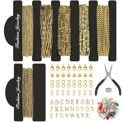 Starry 18k Gold Plated Stainless Steel Jewelry Chains Kit 39.3FT 6 Rolls Bulk (6.5FT/2M) with Letter Pendants, Colorful Charms, Pliers, Jump Rings, Lobster Clasps for DIY Necklace Bracelet Making - Image 1