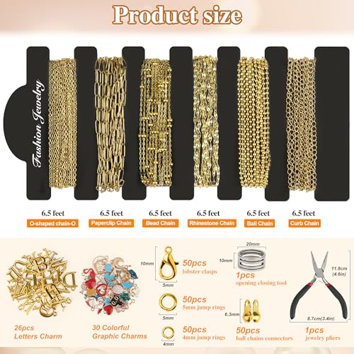 Starry 18k Gold Plated Stainless Steel Jewelry Chains Kit 39.3FT 6 Rolls Bulk (6.5FT/2M) with Letter Pendants, Colorful Charms, Pliers, Jump Rings, Lobster Clasps for DIY Necklace Bracelet Making - Image 3