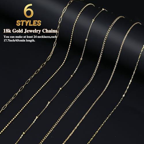Starry 18k Gold Plated Stainless Steel Jewelry Chains Kit 39.3FT 6 Rolls Bulk (6.5FT/2M) with Letter Pendants, Colorful Charms, Pliers, Jump Rings, Lobster Clasps for DIY Necklace Bracelet Making - Image 2