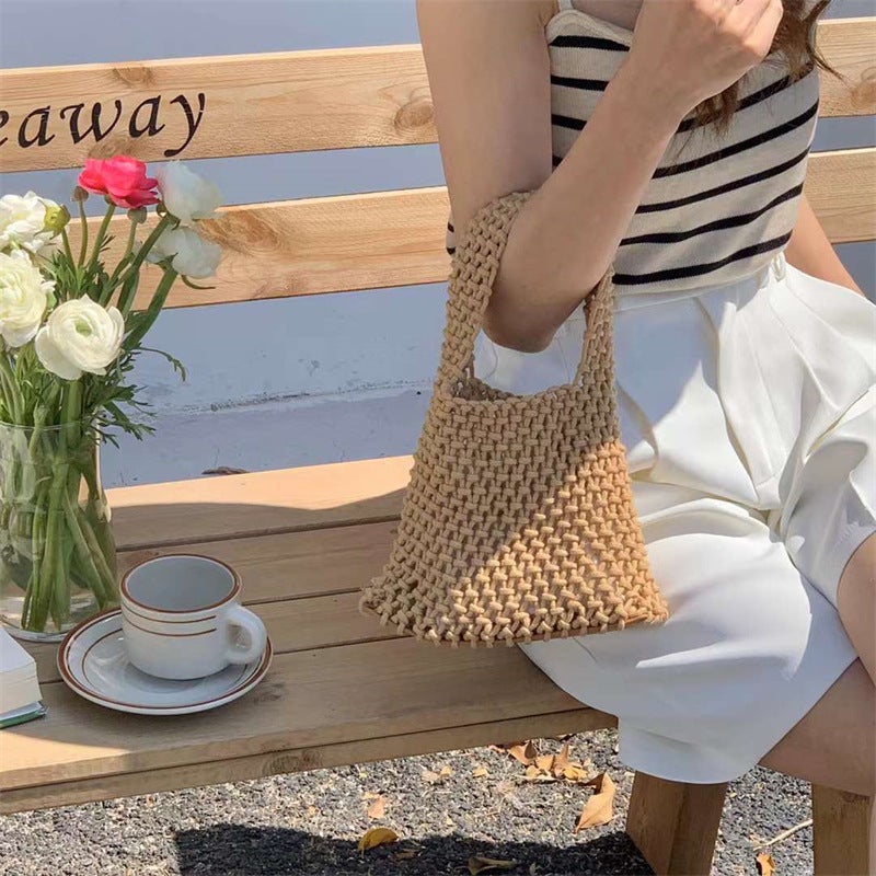 (With Inner Bag) Hollow Net Bag Hand-Woven Cotton Rope Wrist Bag All-Match Beach Bucket Bag For Holiday - Image 4