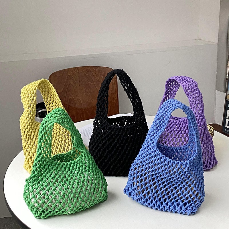 (With Inner Bag) Hollow Net Bag Hand-Woven Cotton Rope Wrist Bag All-Match Beach Bucket Bag For Holiday - Image 2