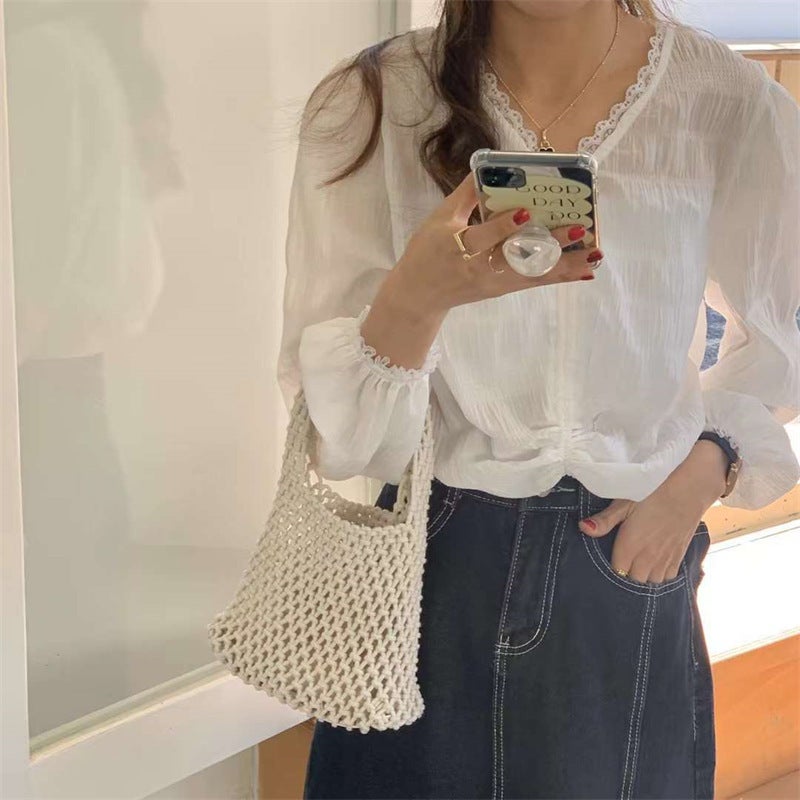 (With Inner Bag) Hollow Net Bag Hand-Woven Cotton Rope Wrist Bag All-Match Beach Bucket Bag For Holiday - Image 5