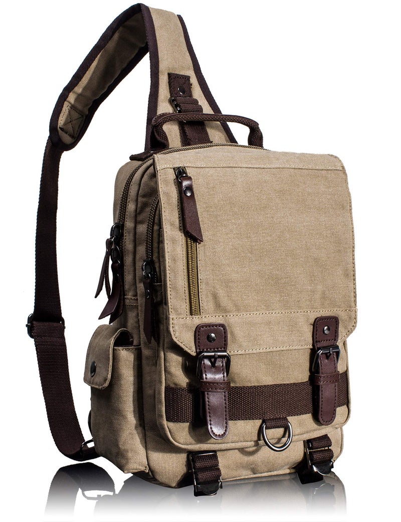 Leaper Retro Crossbody Bag Sling Bag Canvas Messenger Bag for Men Women Shoulder Bag Crossbody Handbags Satchel Khaki, M - Image 1
