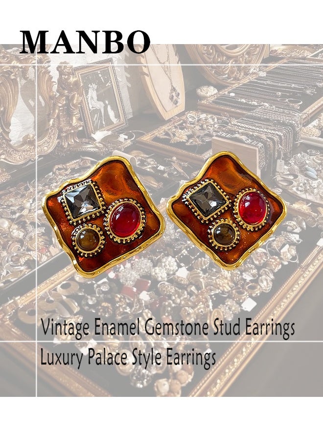 MANBO Vintage enamel and gemstone stud earrings, luxurious court-style earrings, elegant and high-end women's earrings (silver stud posts). - Image 1