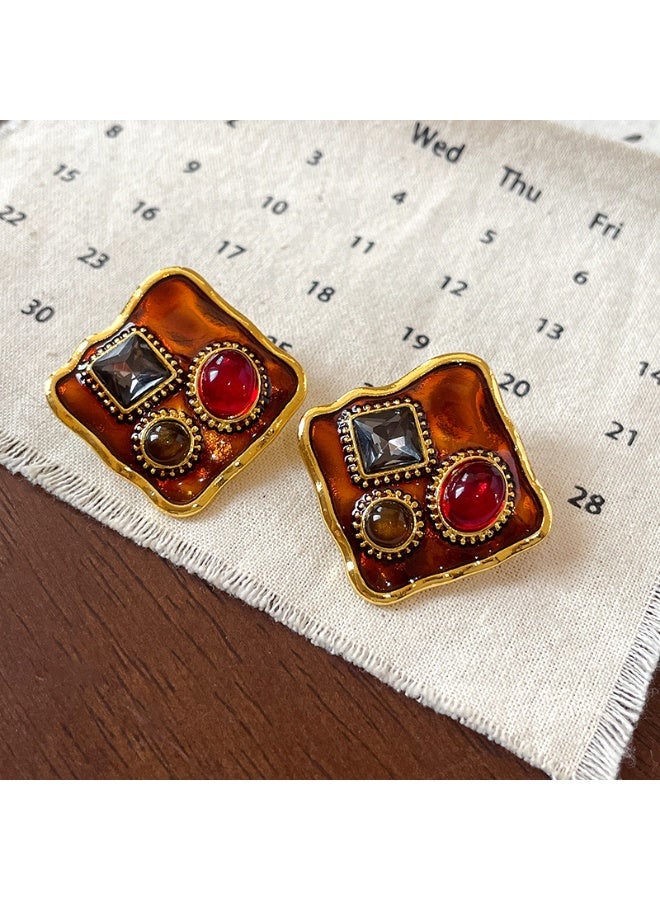 MANBO Vintage enamel and gemstone stud earrings, luxurious court-style earrings, elegant and high-end women's earrings (silver stud posts). - Image 5