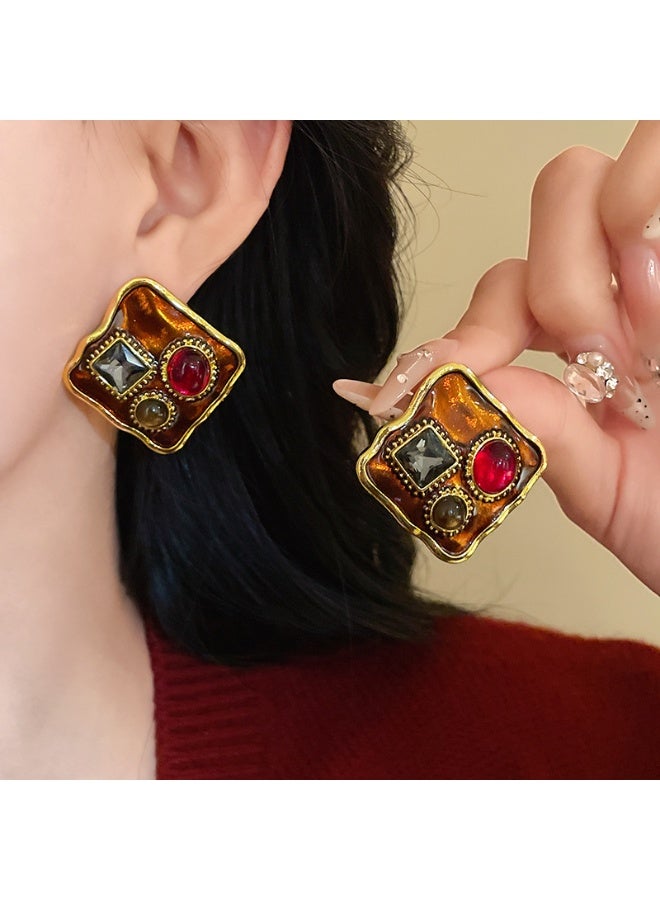 MANBO Vintage enamel and gemstone stud earrings, luxurious court-style earrings, elegant and high-end women's earrings (silver stud posts). - Image 3