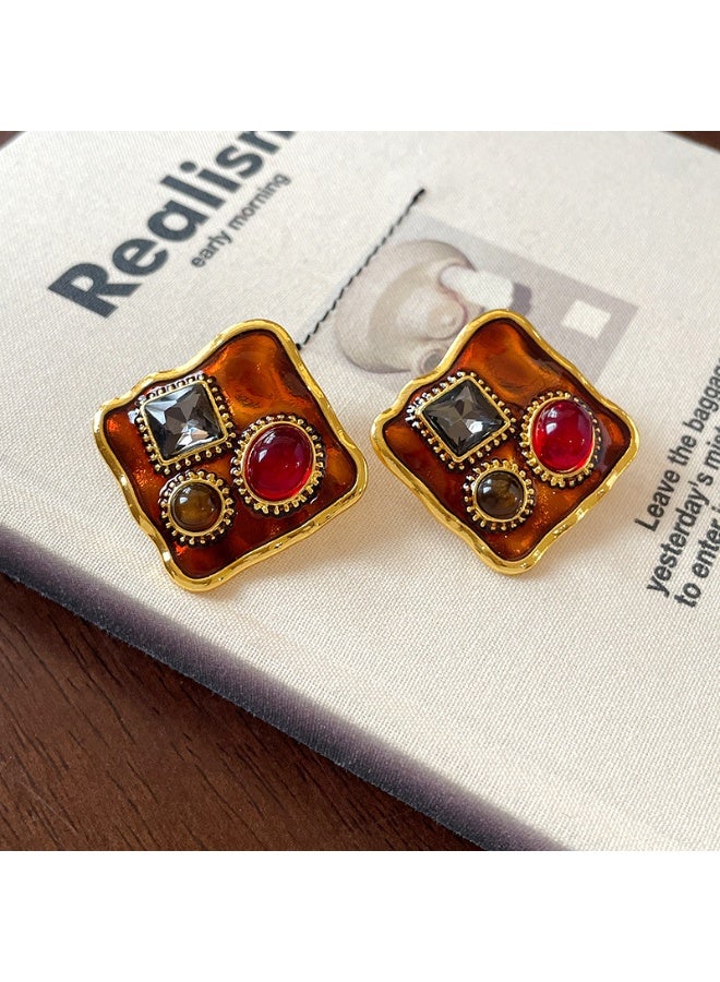 MANBO Vintage enamel and gemstone stud earrings, luxurious court-style earrings, elegant and high-end women's earrings (silver stud posts). - Image 4