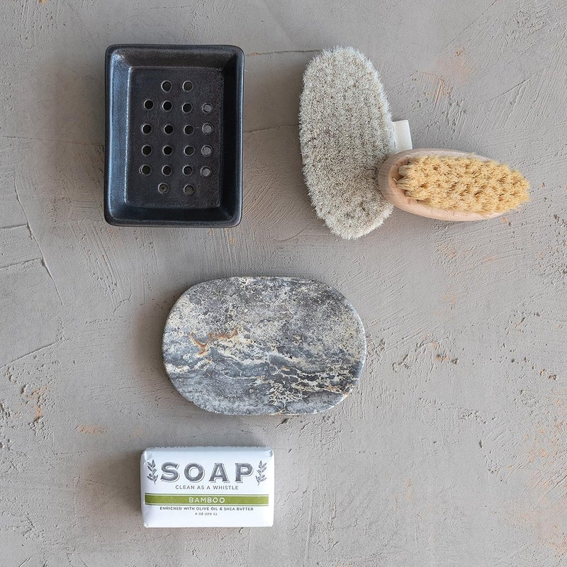 Creative Co-Op Travertine Soap Dish, Grey Bath Decor, 6" L x 4" W x 1" H - Image 2