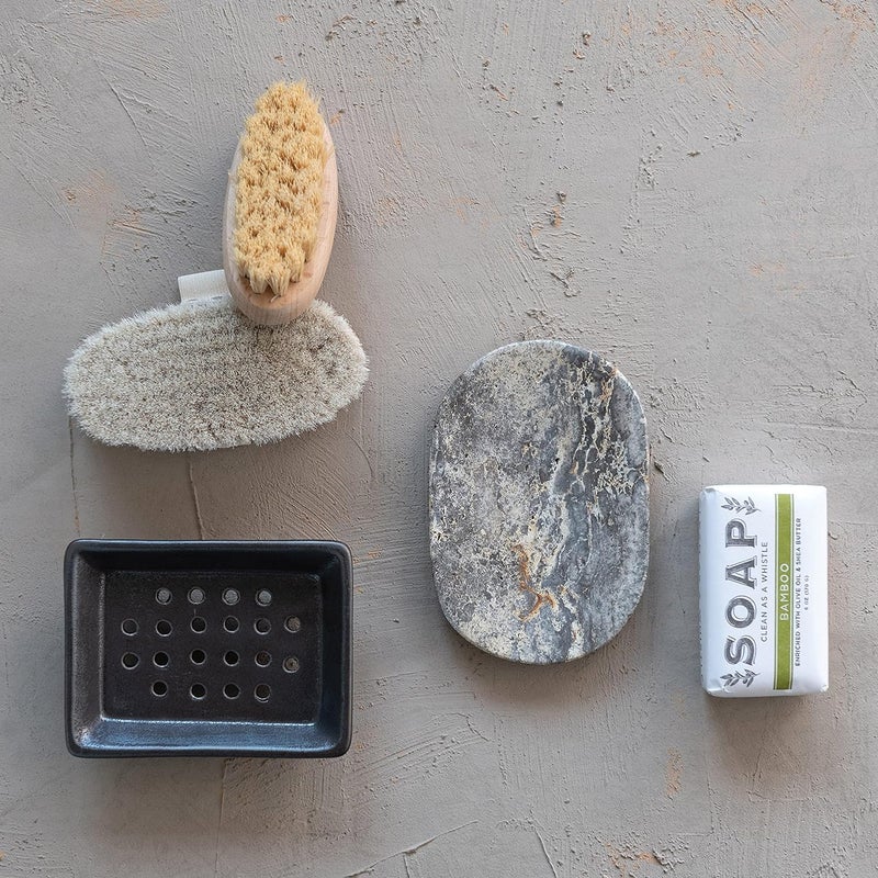 Creative Co-Op Travertine Soap Dish, Grey Bath Decor, 6" L x 4" W x 1" H - Image 3