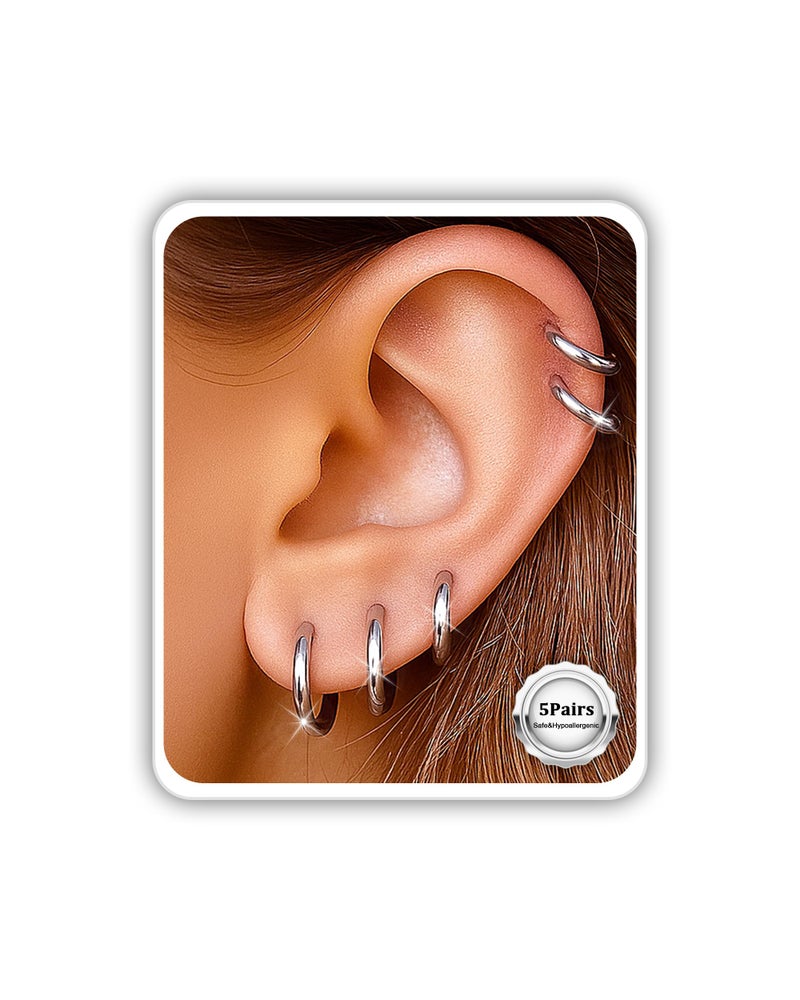 AMASIS 5Pairs Small Huggie Hoop Earrings Set for Women Men,Hypoallergenic 316L Surgical Stainless Lightweight Earrings for Sensitive Ears Everyday Earrings Sets for Multiple Piercing Cartilage Hoop Earrings Stack Trendy Jewelry Silver - Image 1