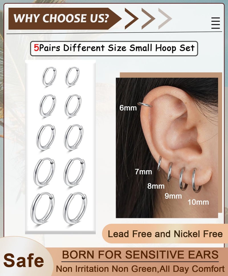 AMASIS 5Pairs Small Huggie Hoop Earrings Set for Women Men,Hypoallergenic 316L Surgical Stainless Lightweight Earrings for Sensitive Ears Everyday Earrings Sets for Multiple Piercing Cartilage Hoop Earrings Stack Trendy Jewelry Silver - Image 2