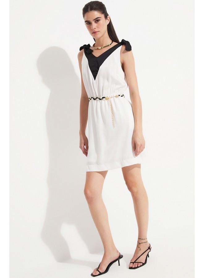 JUNE Women Color Block Tie Detail Mini Dress White - Image 2