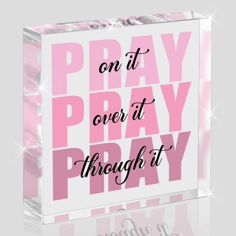 Krollma Pink Room Decor, Inspirational Christian Gifts for Women, Pink Dorm Bathroom Room Decoration, Office Decor for Women, 4 X 4 Inches Acrylic Office Desk Accessories Decoration Wall Art Sign-Pray through - Image 1