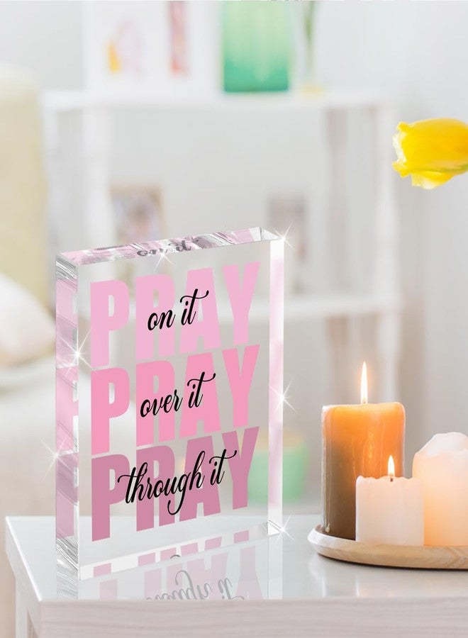 Krollma Pink Room Decor, Inspirational Christian Gifts for Women, Pink Dorm Bathroom Room Decoration, Office Decor for Women, 4 X 4 Inches Acrylic Office Desk Accessories Decoration Wall Art Sign-Pray through - Image 3