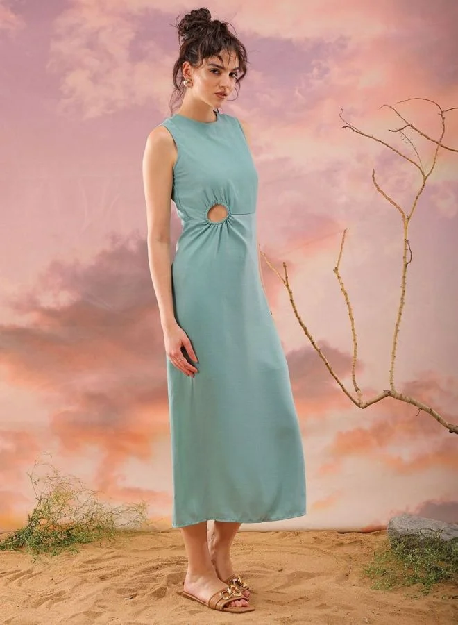 Freehand  Women Fit and Flared Solid Round Neck Sleeveless Cut Out Dress for Women | Best Price UAE