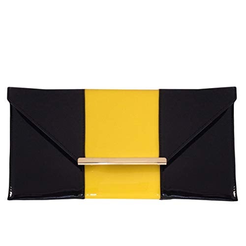 JNB Patent Color Block Envelop Clutch, Yellow/Black - Image 1