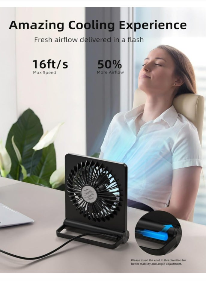 Strong Wind Ultra Quiet Small Desk Fan 220° Tilt Folding 3 Speeds Adjustable USB-C Corded Powered Personal Fan for Home Office Desktop
