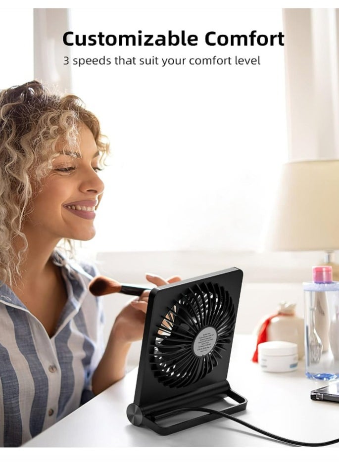 Strong Wind Ultra Quiet Small Desk Fan 220° Tilt Folding 3 Speeds Adjustable USB-C Corded Powered Personal Fan for Home Office Desktop
