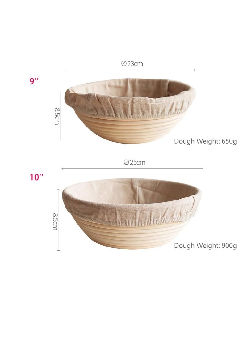 2 Pack Bread Proofing Basket, Handmade Sourdough Proofing Basket, Natural Rattan Dough Bowl with Cloth Liner, for Artisan Bread Making for Home Bakers (9''+10'', Round)