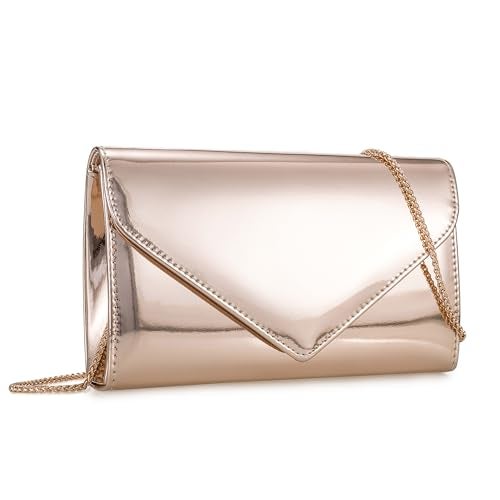 IXEBELLA Women’s Mirrored Metallic Faux Leather Evening Bag Glimmering Clutch Purse for Prom/Cocktail/Wedding/Party (Rose Gold) - Image 1