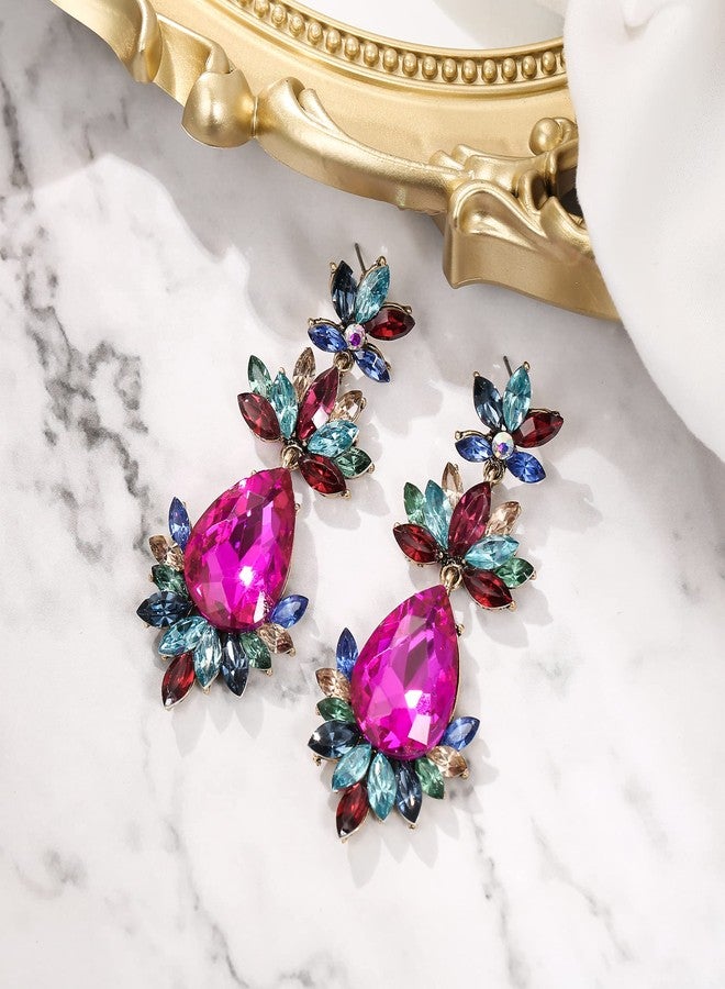 BriLove Art Deco Vintage Inspired Rhinestone Marquise Teardrop Flower Statement Dangle Earrings for Women Multicolor Antique-Gold-Tone - Image 4