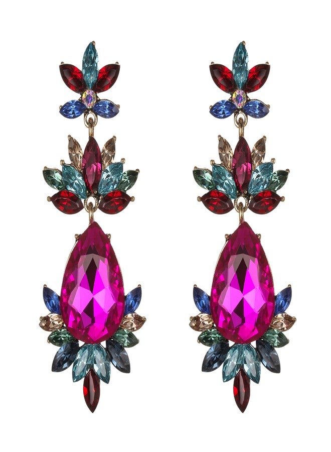 BriLove Art Deco Vintage Inspired Rhinestone Marquise Teardrop Flower Statement Dangle Earrings for Women Multicolor Antique-Gold-Tone - Image 1