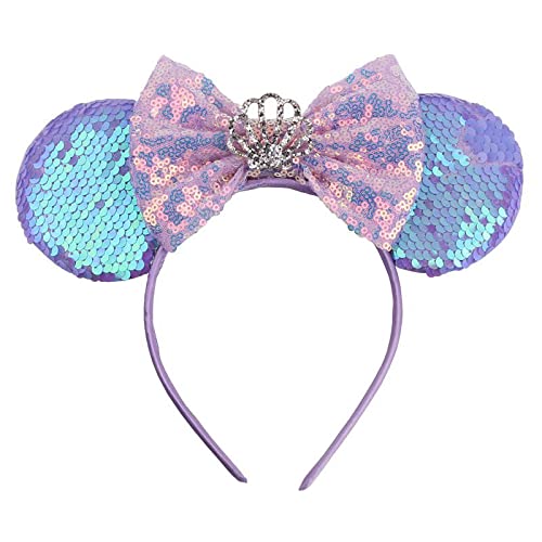 Foeran Mouse Ears Headbands Shiny Bows Mouse Ears Glitter Party Princess Decoration Cosplay Costume for Girls Women (Sequin light purple-1) - Image 1