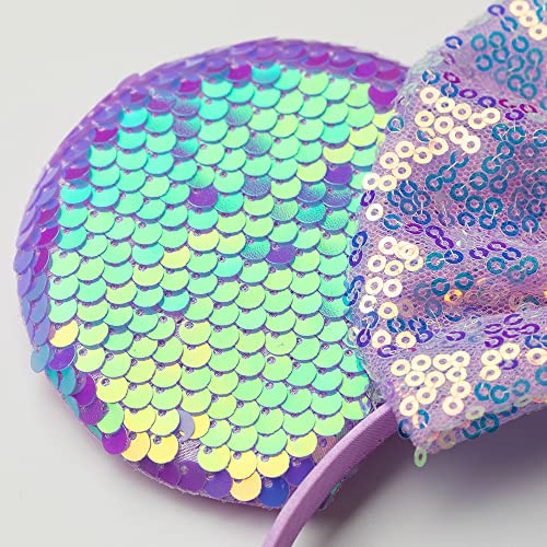 Foeran Mouse Ears Headbands Shiny Bows Mouse Ears Glitter Party Princess Decoration Cosplay Costume for Girls Women (Sequin light purple-1) - Image 3