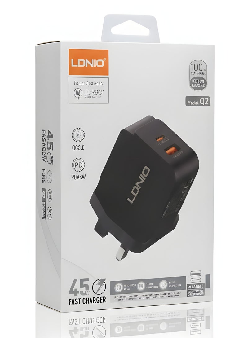 LDNIO Q2 45W Fast Charger – Dual USB-C & USB-A Ports with PD and QC3.0 - Image 1
