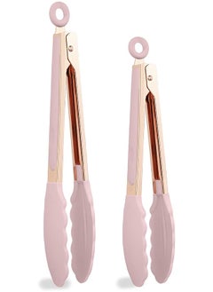 COOK WITH COLOR With Color Stainless Steel Silicone Tipped Kitchen Food Bbq And Cooking Tongs Set Of Two 9” And 12” For Non Stick Cookware, Bpa Fee, Stylish, Sturdy, Locking, Grill Tongs, Rose Gold And Pink  - Image 1