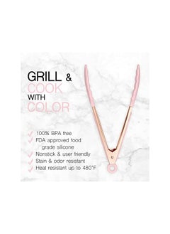 COOK WITH COLOR With Color Stainless Steel Silicone Tipped Kitchen Food Bbq And Cooking Tongs Set Of Two 9” And 12” For Non Stick Cookware, Bpa Fee, Stylish, Sturdy, Locking, Grill Tongs, Rose Gold And Pink  - Image 3
