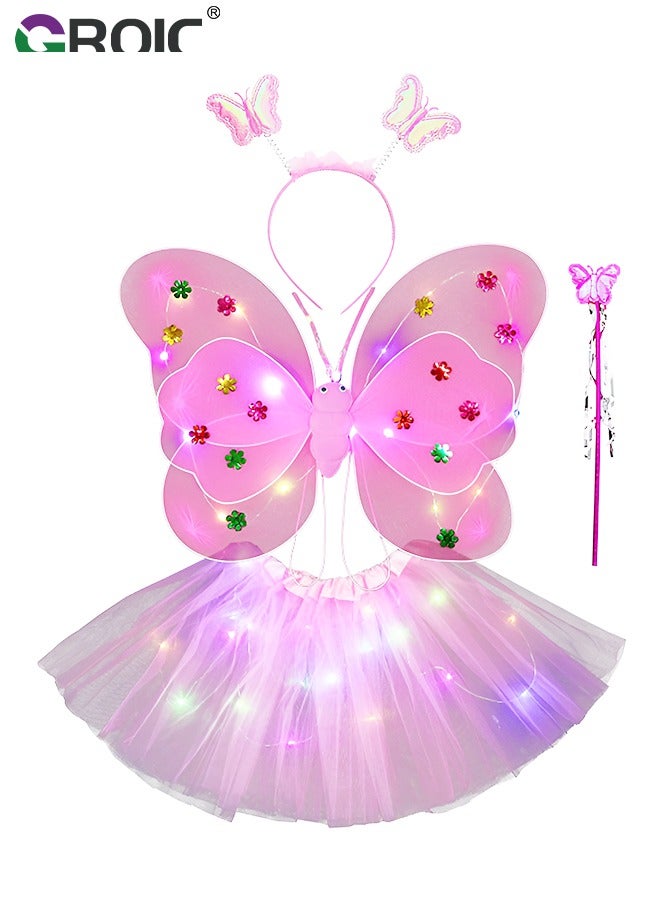 GROIC 4Pcs Led Light up Wing, Light up Fairy Wings LED Butterfly Wings Sets, Wings Costume Dress Up Party Butterfly Wings Costume Headband, Wings, Gauze Skirt and Magic Wand LED 4Pcs Sets  - Image 1