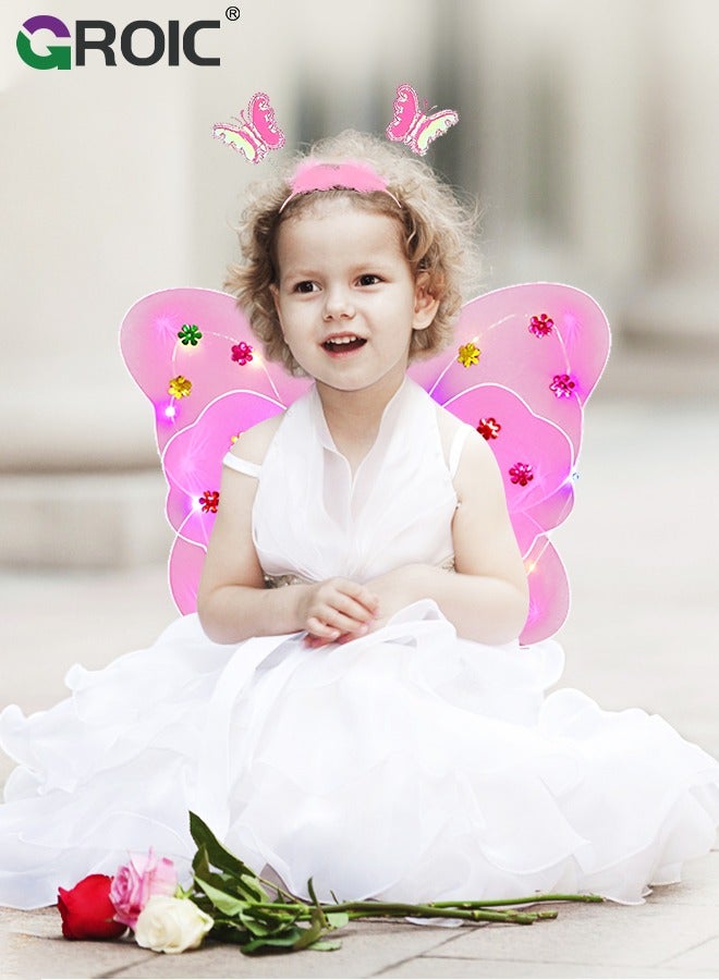 GROIC 4Pcs Led Light up Wing, Light up Fairy Wings LED Butterfly Wings Sets, Wings Costume Dress Up Party Butterfly Wings Costume Headband, Wings, Gauze Skirt and Magic Wand LED 4Pcs Sets  - Image 4