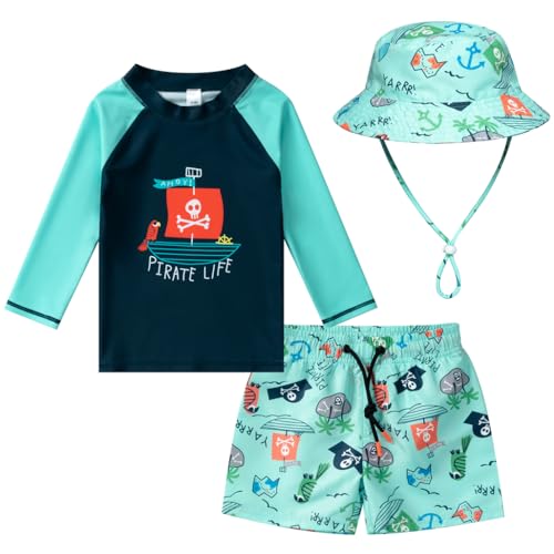 HDOBHIO Toddler and Baby Boys' 3-Piece Swimsuit Trunk Rashguard Set Sun Hat Swimwear Bathing Suit Sunsuit Swim Shirt Set Pirate Ship 18-24 Months - Image 1