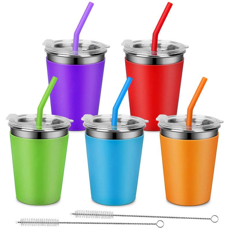 Rommeka Kids Tumblers with Lids and Straws 5 Pack Upgrade 12oz Stainless Steel Unbreakable Toddler Cups Spill Proof with Colorful Sleeve Reusable Drinking Cup for Adults and Children