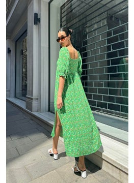 For You Moda فستان أخضر طويل بنمط مجمع ومش slit من الفيسكوز الطبيعي  - Image 2