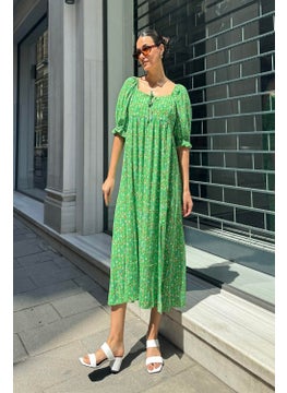 For You Moda فستان أخضر طويل بنمط مجمع ومش slit من الفيسكوز الطبيعي  - Image 3