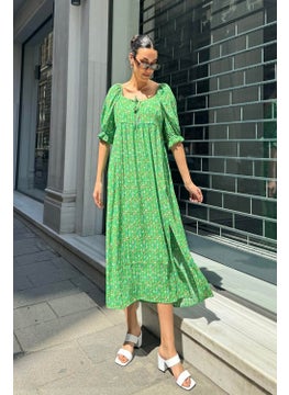 For You Moda فستان أخضر طويل بنمط مجمع ومش slit من الفيسكوز الطبيعي  - Image 1