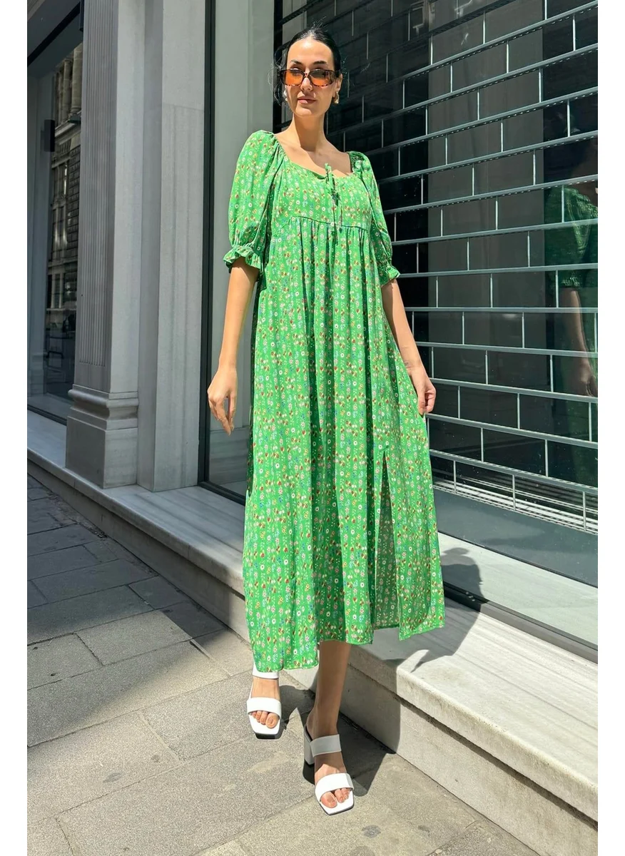 For You Moda Natural Viscose Slit and Gathered Patterned Long Green Dress