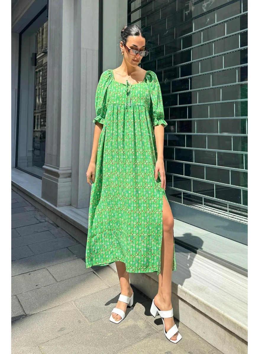 For You Moda Natural Viscose Slit and Gathered Patterned Long Green Dress